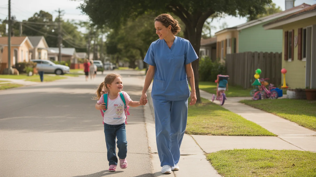 Single mother in scrubs walking home with young daughter from daycare in Orlando neighborhood
