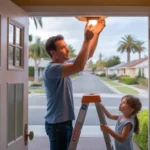 Man changes lightbulb while daughter holds ladder in Anaheim home entryway