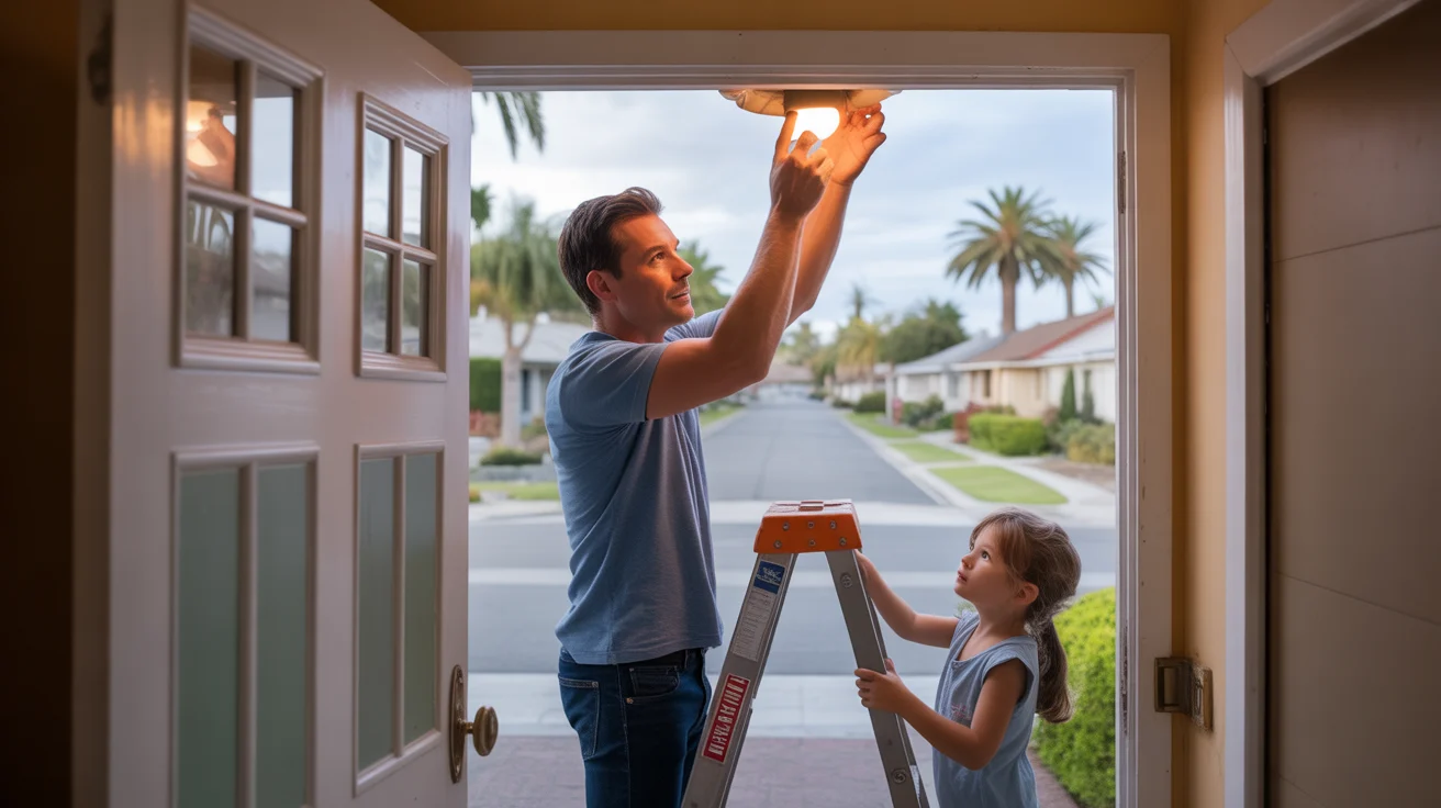 Man changes lightbulb while daughter holds ladder in Anaheim home entryway