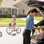 Woman unloading groceries from car in peaceful Arvada neighborhood