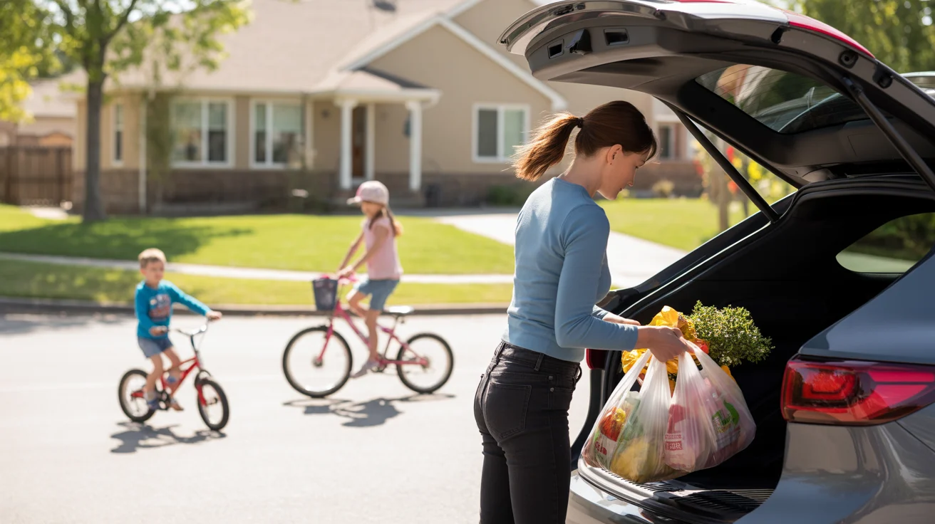 Woman unloading groceries from car in peaceful Arvada neighborhood