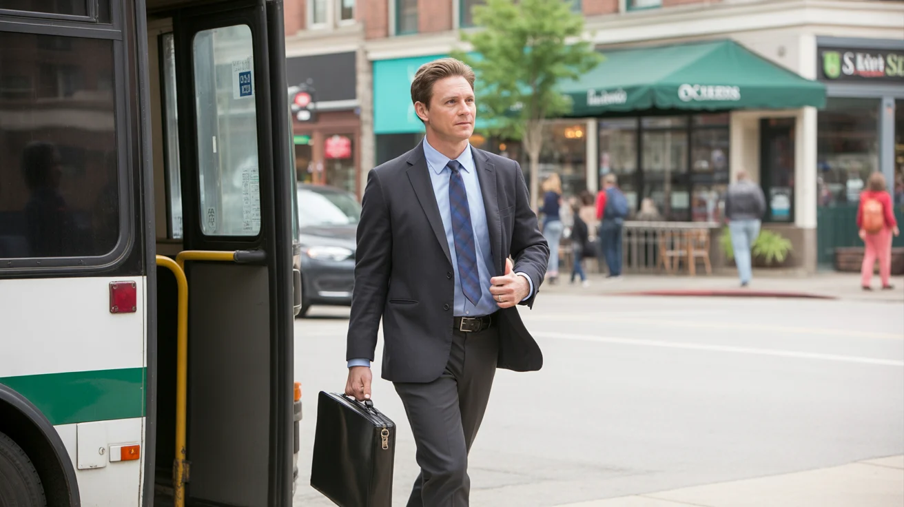 Businessman commuting by bus to work in walkable downtown Lakewood