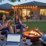 Friends gather around a backyard firepit in Irving, Texas, their phones and laptop nearby