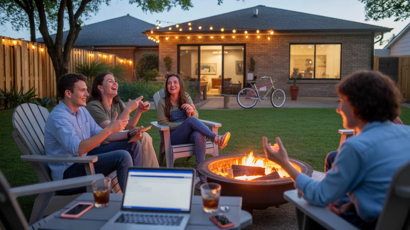Friends gather around a backyard firepit in Irving, Texas, their phones and laptop nearby