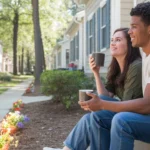 Couple drinking coffee on townhome steps in Gastonia, NC neighborhood