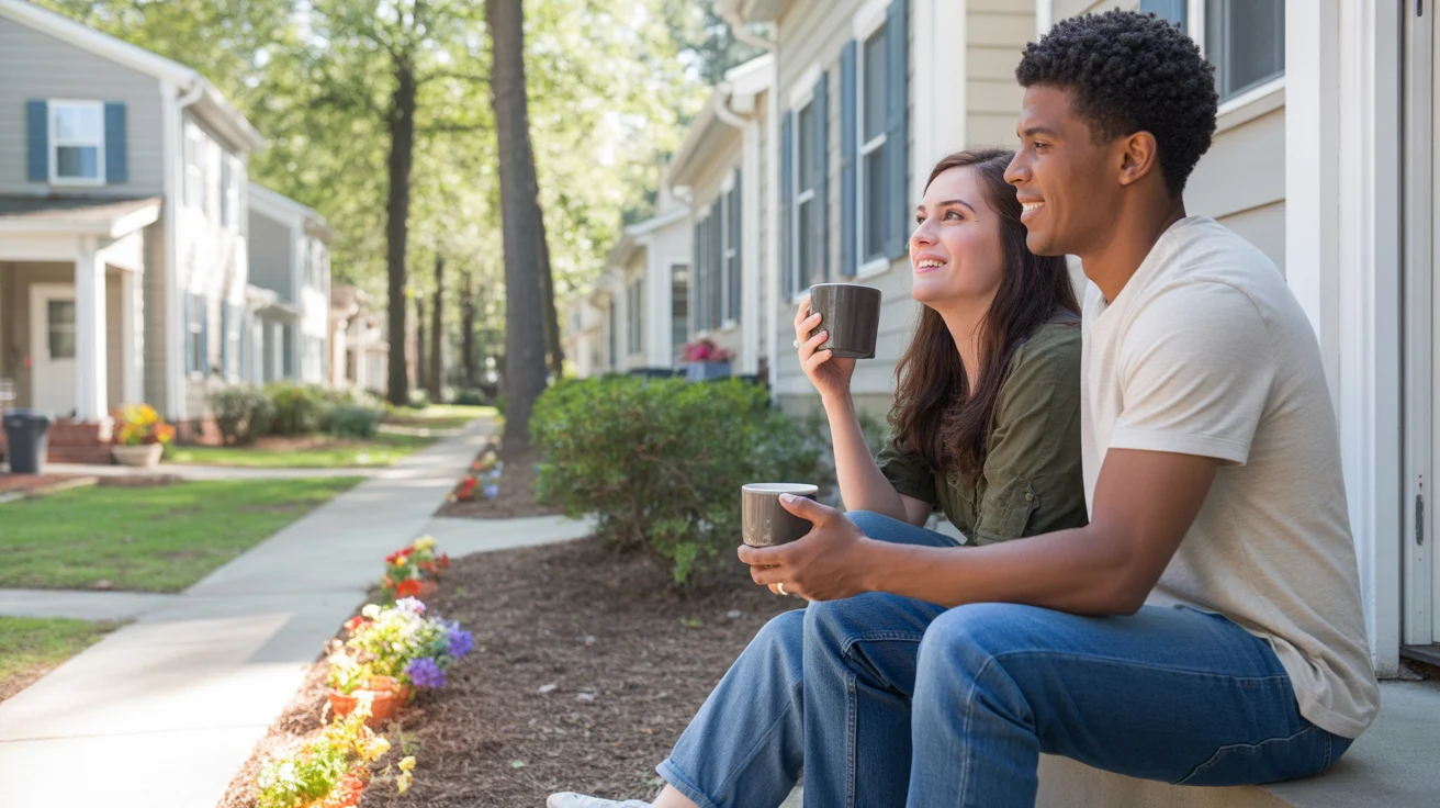 Couple drinking coffee on townhome steps in Gastonia, NC neighborhood