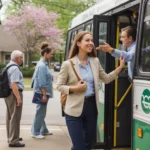 Woman waving to bus driver while exiting CobbLinc bus on residential street in Smyrna, GA