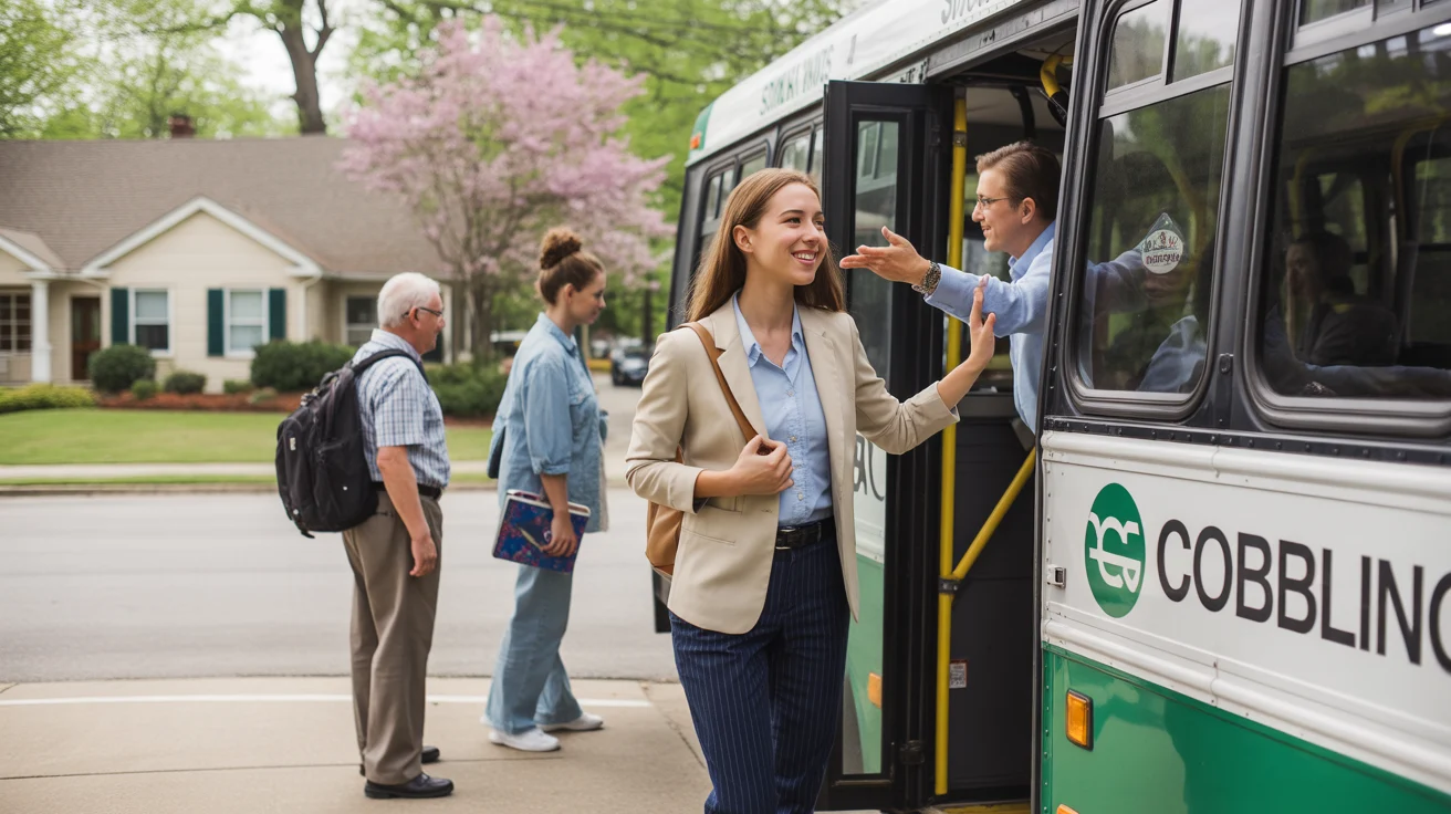 Woman waving to bus driver while exiting CobbLinc bus on residential street in Smyrna, GA