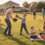 A family playing catch together at a neighborhood park in Irving, TX at sunset