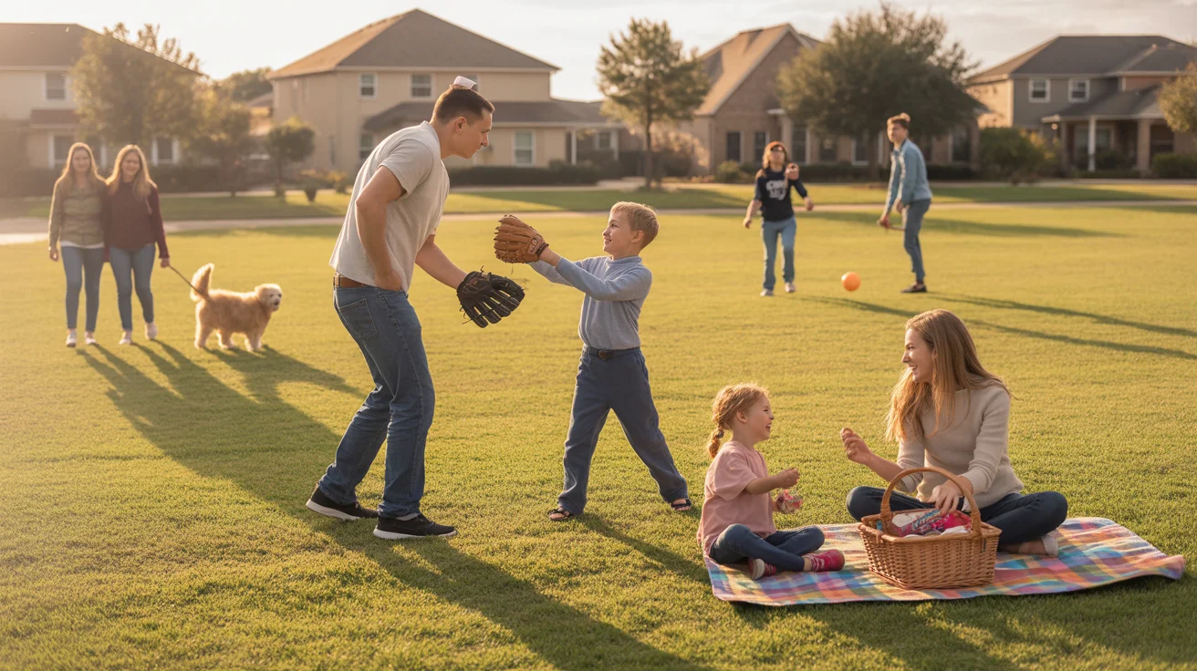 A family playing catch together at a neighborhood park in Irving, TX at sunset
