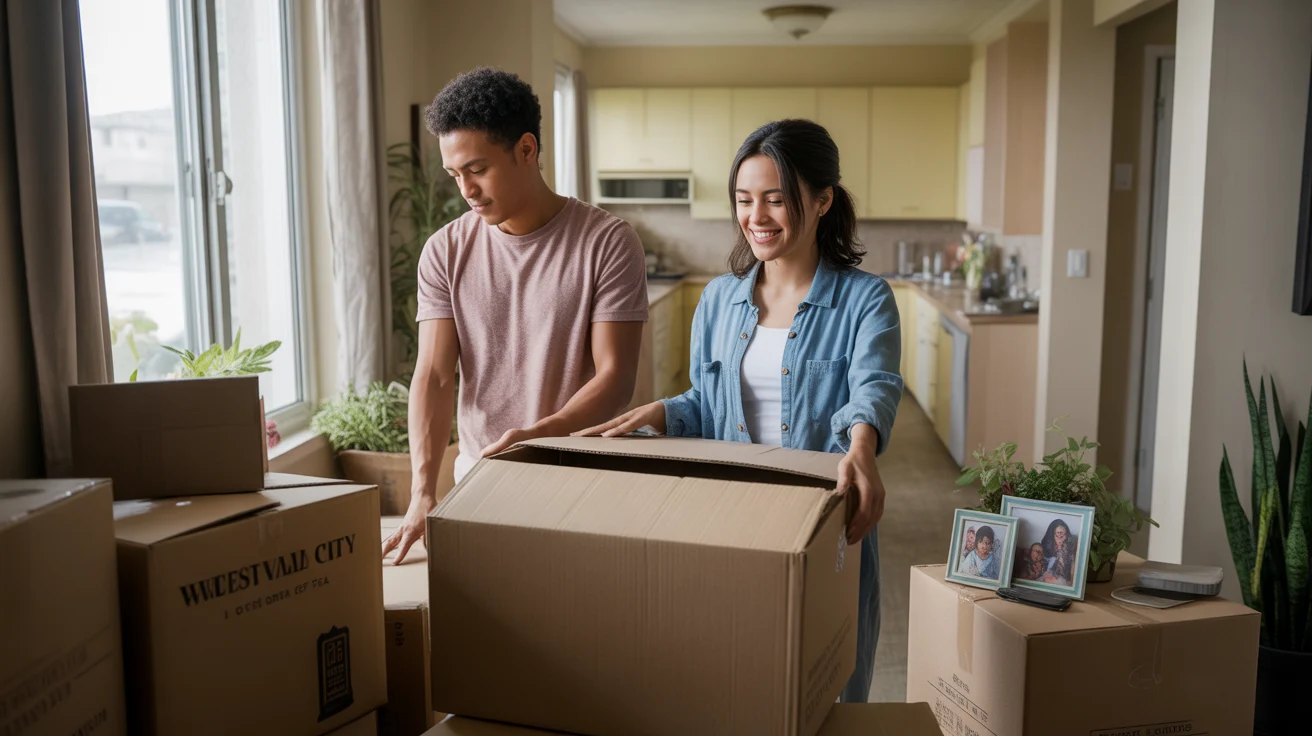 Couple unpacking after moving into an apartment in West Valley City, Utah