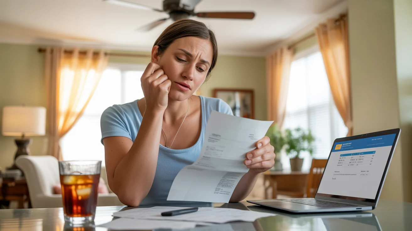 Woman reviewing high summer electric bill at kitchen table in San Marcos, TX home
