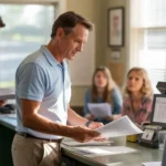 Man at Clermont city office counter reviewing paperwork and fees