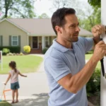 Man fixing door handle on porch of Alpharetta home with for sale sign in yard