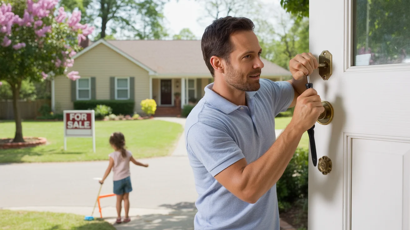 Man fixing door handle on porch of Alpharetta home with for sale sign in yard