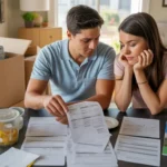 Couple reviewing bills and fees at kitchen table in new Round Rock home