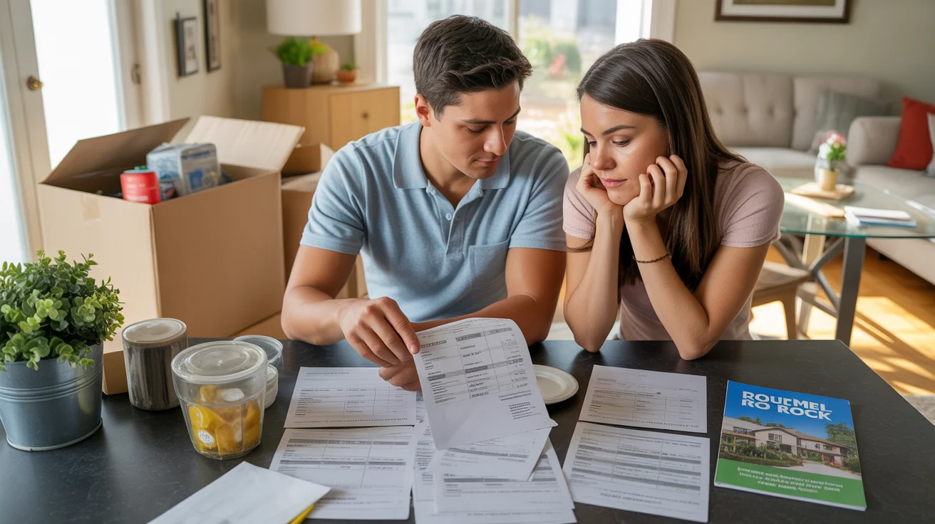 Couple reviewing bills and fees at kitchen table in new Round Rock home