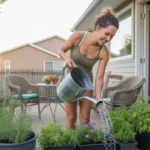Woman waters potted plants on her shaded patio in Arvada, Colorado in the early morning