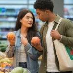 A couple compares grapefruits while grocery shopping in Spring Valley, NV