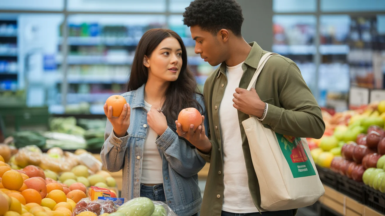 A couple compares grapefruits while grocery shopping in Spring Valley, NV