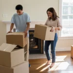 Couple unpacking in their new Murrieta home living room