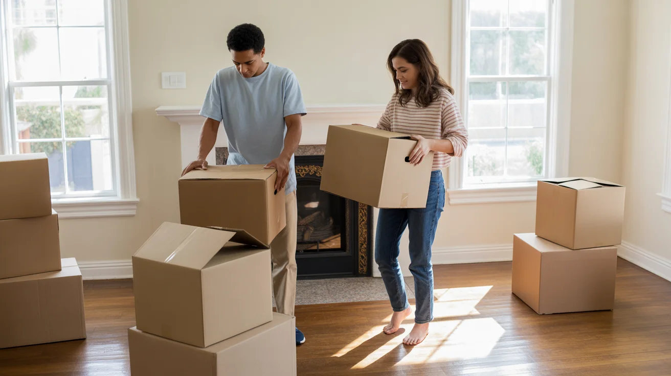 Couple unpacking in their new Murrieta home living room