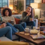 A group of friends enjoying a cozy game night in a living room, with a TV and gaming console visible in the background.