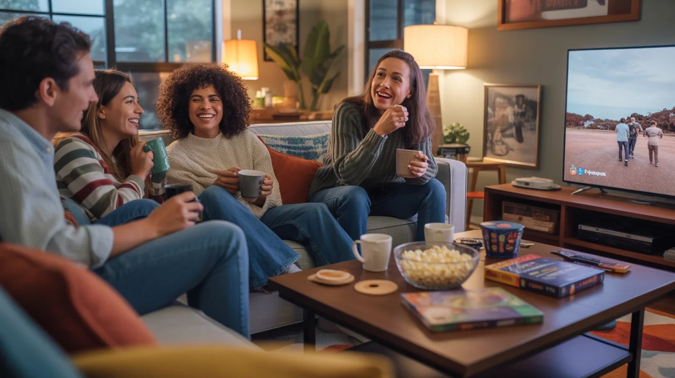 A group of friends enjoying a cozy game night in a living room, with a TV and gaming console visible in the background.