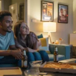 Roommates watching a movie together in a cozy Huntersville apartment living room