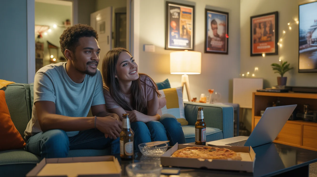 Roommates watching a movie together in a cozy Huntersville apartment living room