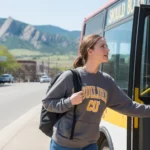 A young woman in a CU Boulder sweatshirt boards a local bus near a strip mall with the Flatirons in the background.