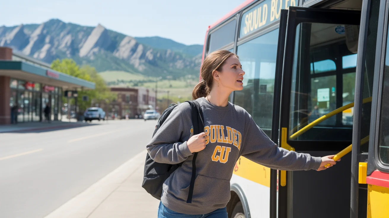 A young woman in a CU Boulder sweatshirt boards a local bus near a strip mall with the Flatirons in the background.