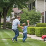 Father and son playing catch in front yard of suburban Naperville home