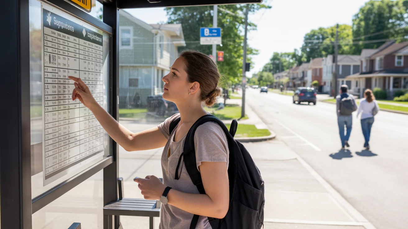 A young woman checks the bus schedule at a neighborhood transit shelter in Elgin, IL