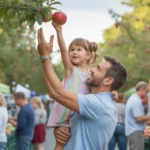 A dad lifts his daughter to pick an apple at a farmers market in Concord, NC