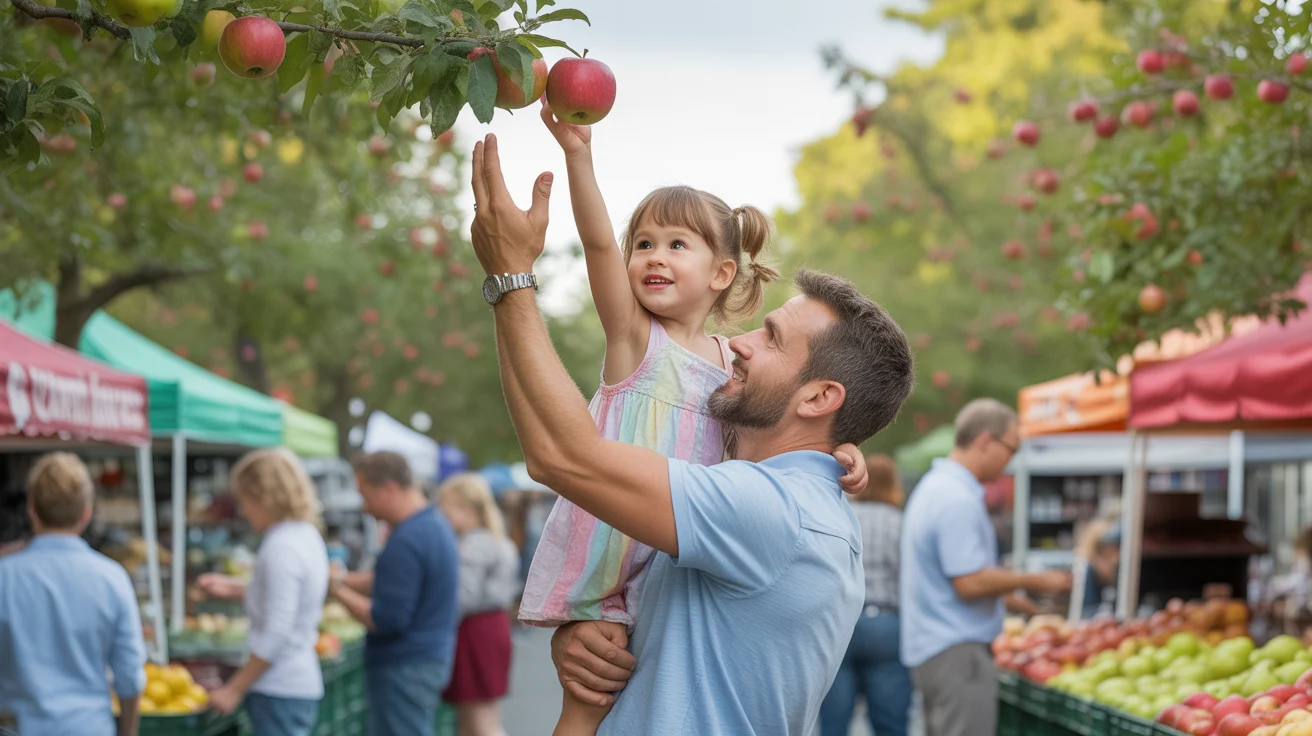 A dad lifts his daughter to pick an apple at a farmers market in Concord, NC