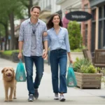 A couple walks their dog on a sidewalk in Smyrna, GA with shops in the background