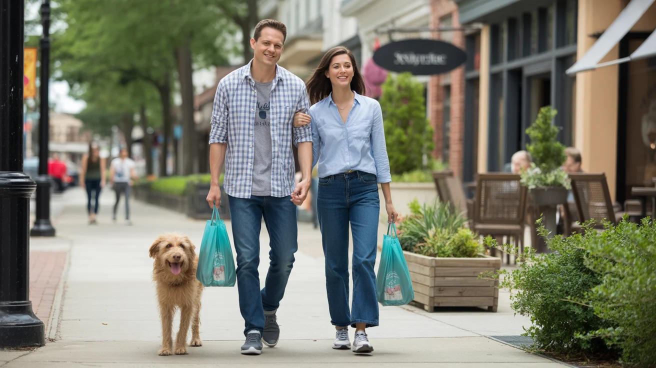 A couple walks their dog on a sidewalk in Smyrna, GA with shops in the background