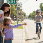 Mother and daughter waiting for city bus in Thornton, CO neighborhood