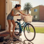 Woman assembling a teal bicycle outside her apartment in Sunrise Manor, NV