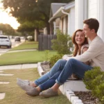Couple sitting on front steps of suburban home in Garland, Texas at sunset