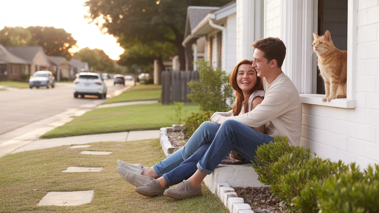 Couple sitting on front steps of suburban home in Garland, Texas at sunset