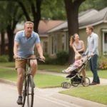 A cyclist rides past single-family homes on a quiet residential street in Mckinney, TX