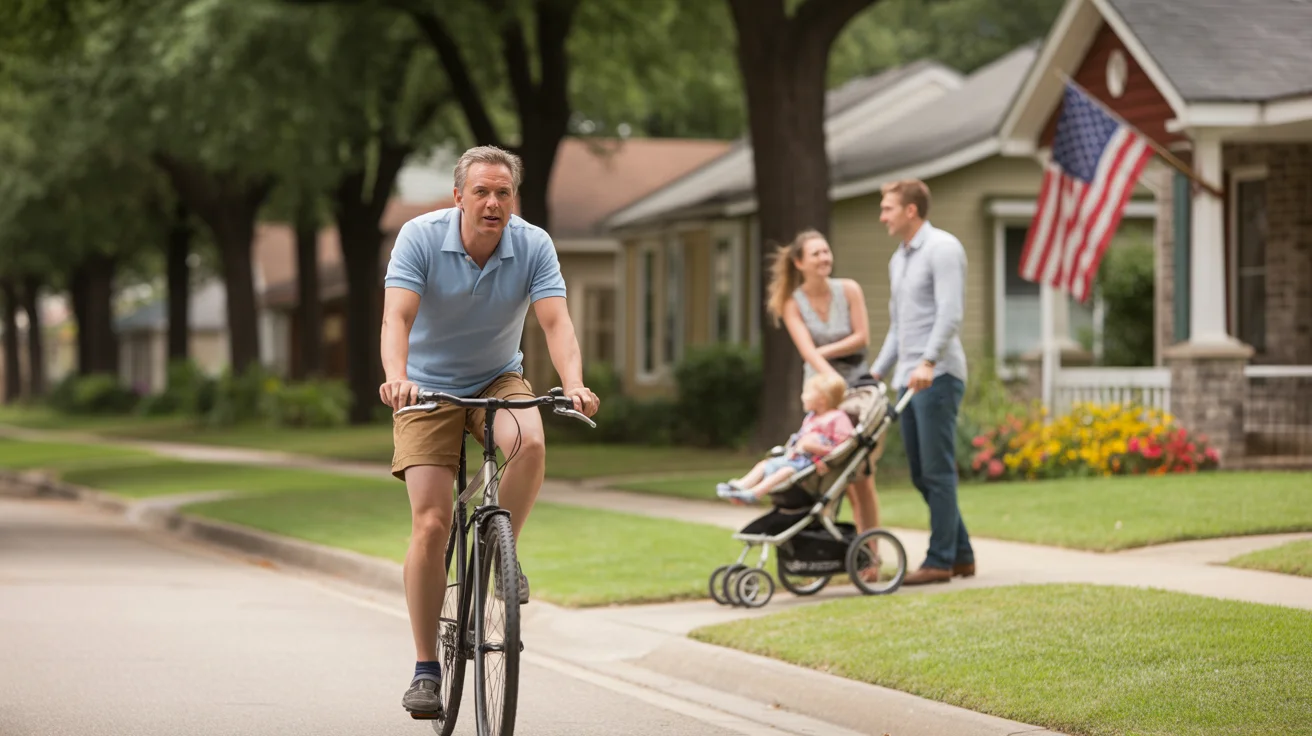 A cyclist rides past single-family homes on a quiet residential street in Mckinney, TX