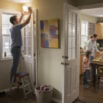 Father changing lightbulb in entryway of Lakewood Colorado home