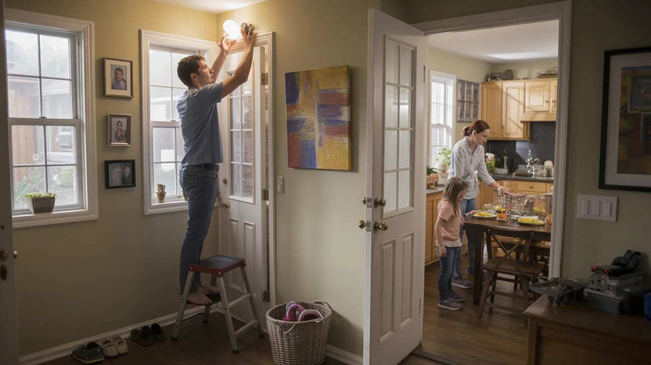 Father changing lightbulb in entryway of Lakewood Colorado home