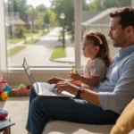 Father works remotely on laptop while daughter watches TV in Plano living room