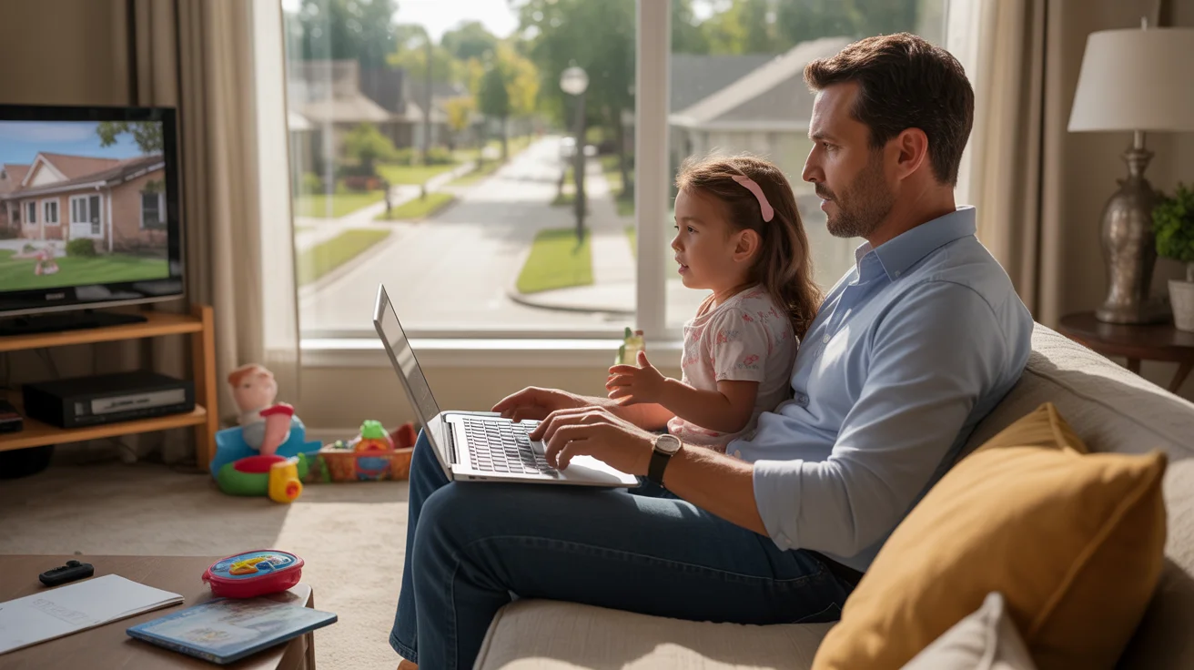 Father works remotely on laptop while daughter watches TV in Plano living room