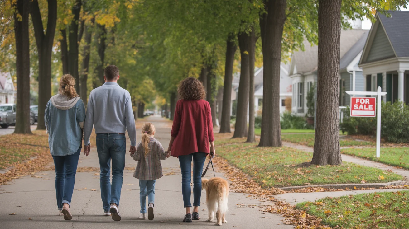 A family walks their dog past a home for sale on a residential street in Lexington, KY