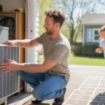 Man replacing HVAC air filter in garage while daughter plays hopscotch outside